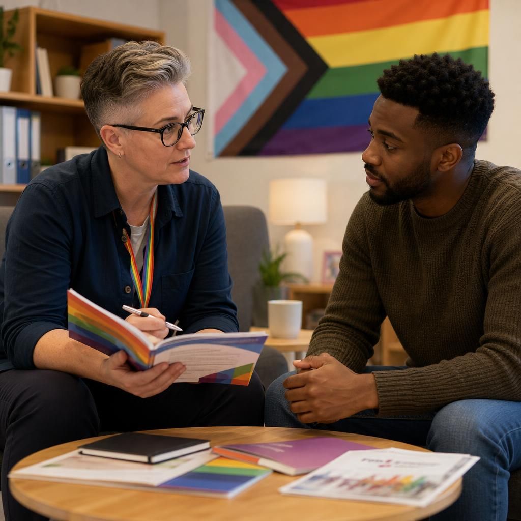 Foster carer and trainer discussing LGBTQ+ inclusive care materials
