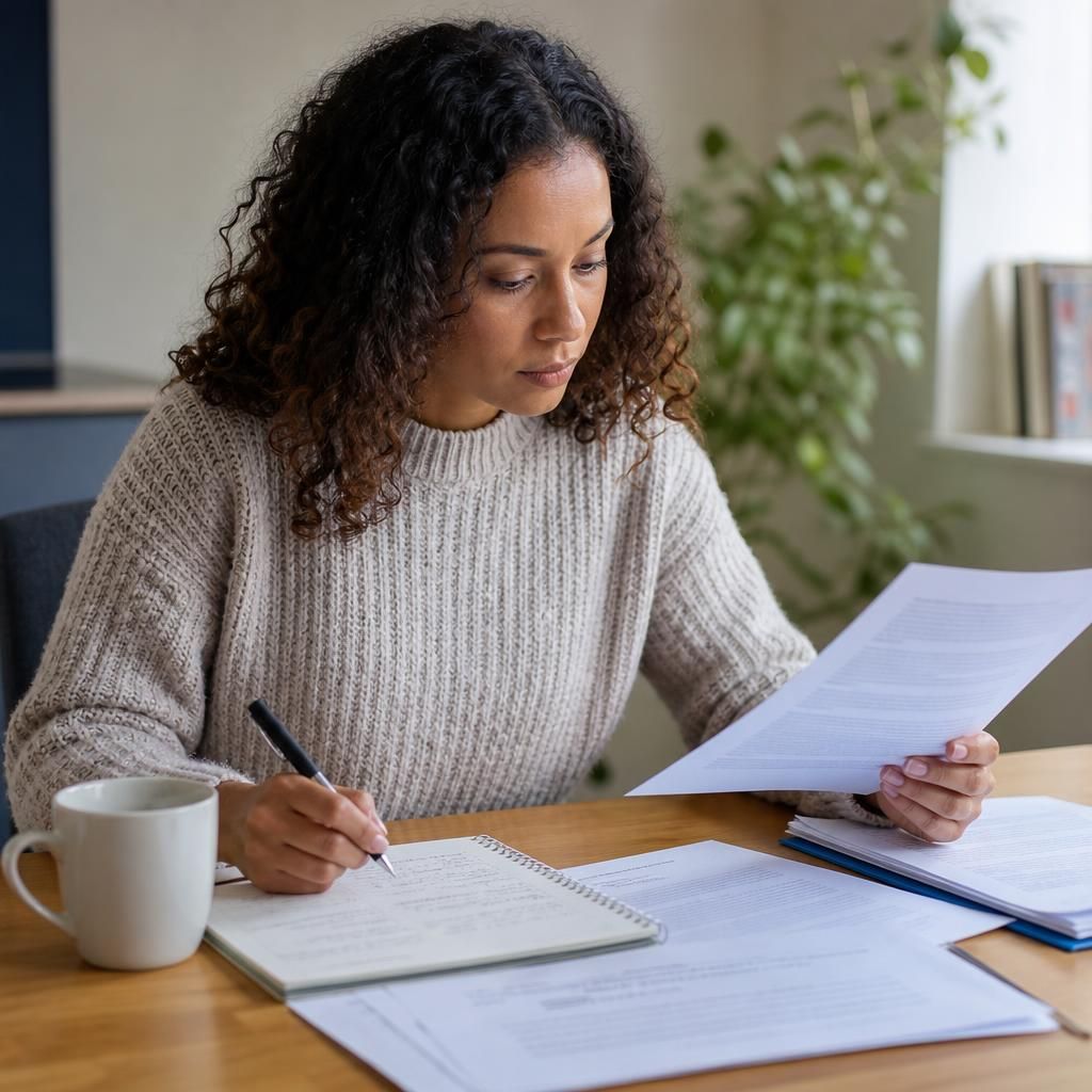 Person reviewing fostering assessment documents with notes and questions