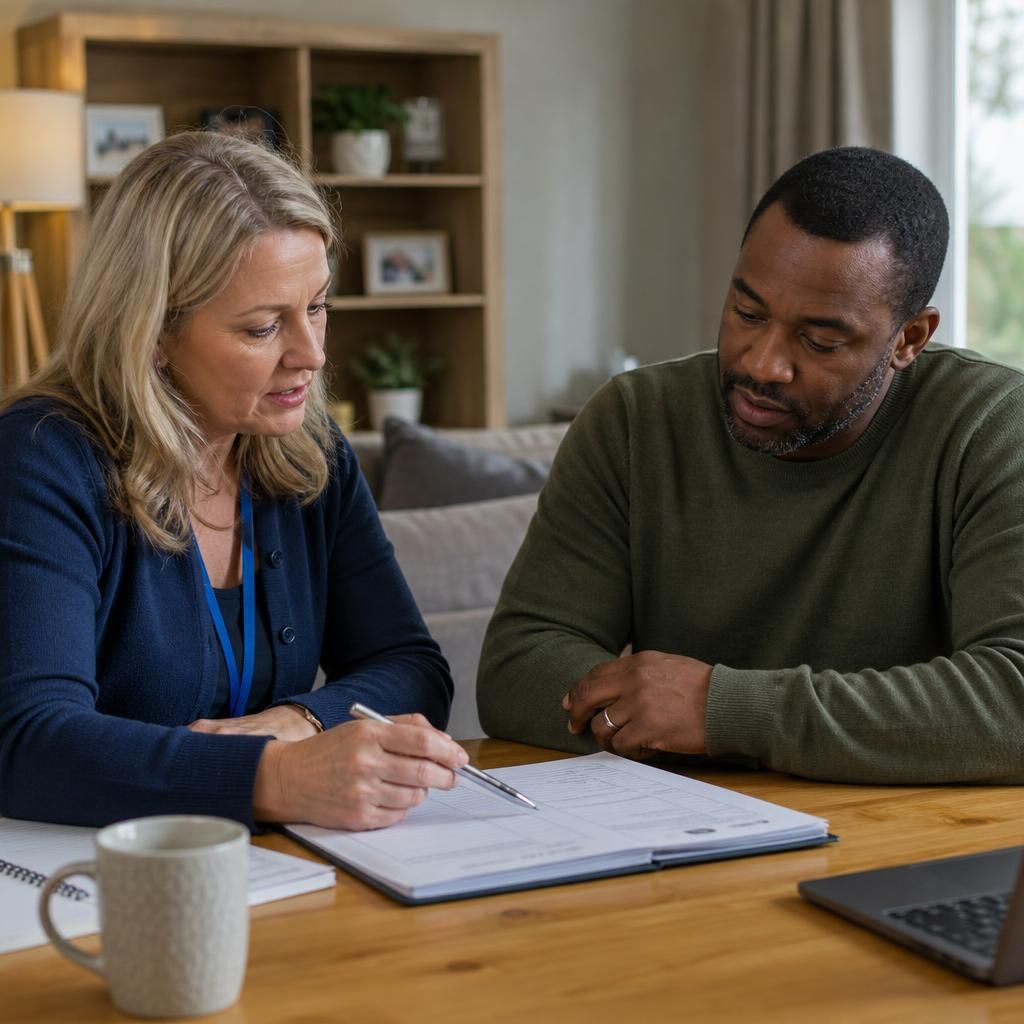 Respite foster carer reviewing a child's care plan with a fostering professional