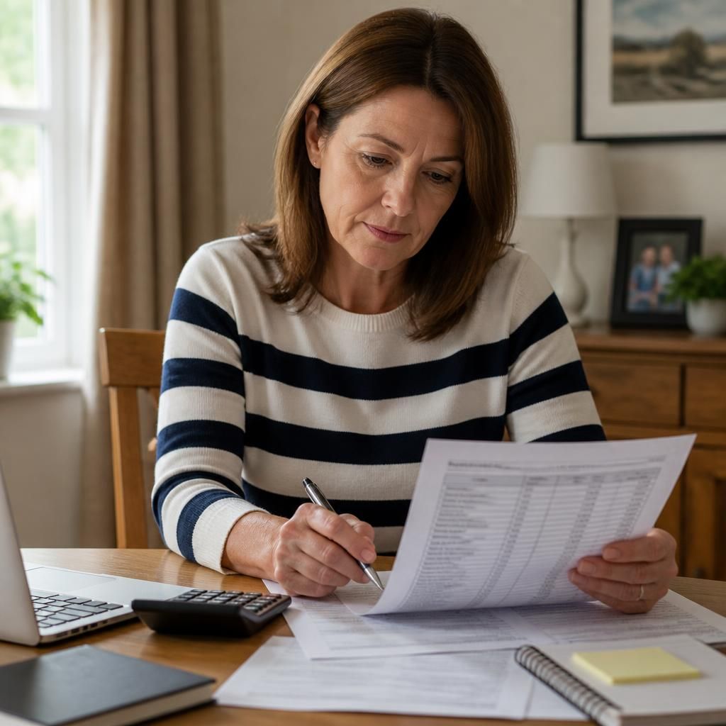 Foster carer reviewing a local authority payment schedule beside a calculator