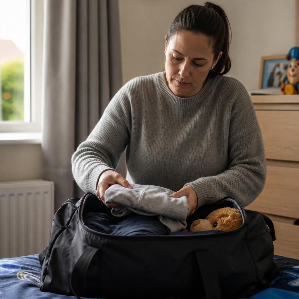 Foster carer packing a child's clothes and personal belongings into a bag