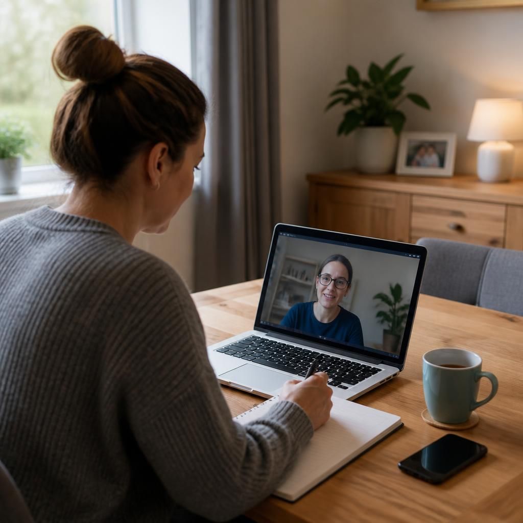 Foster carer taking part in an online training session on a laptop