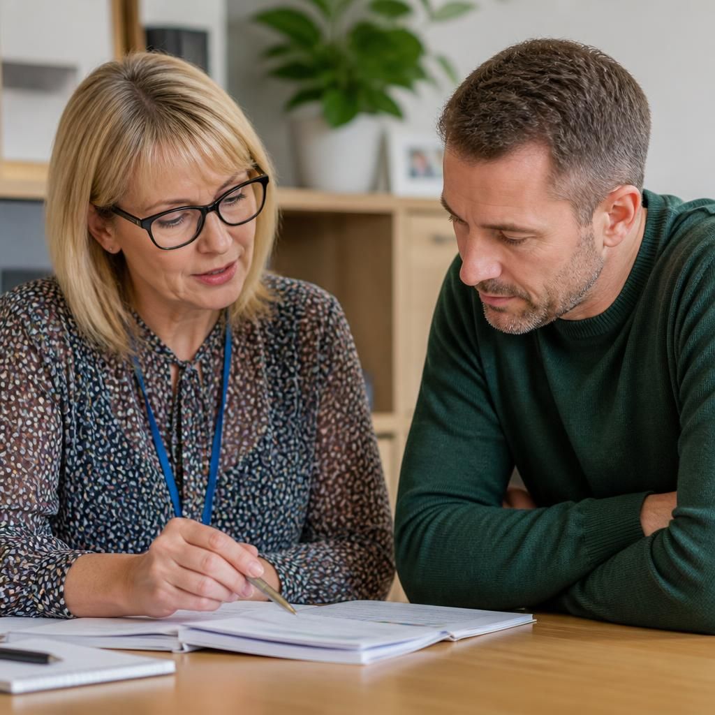 Foster carer and social worker reviewing safer caring guidance at a table