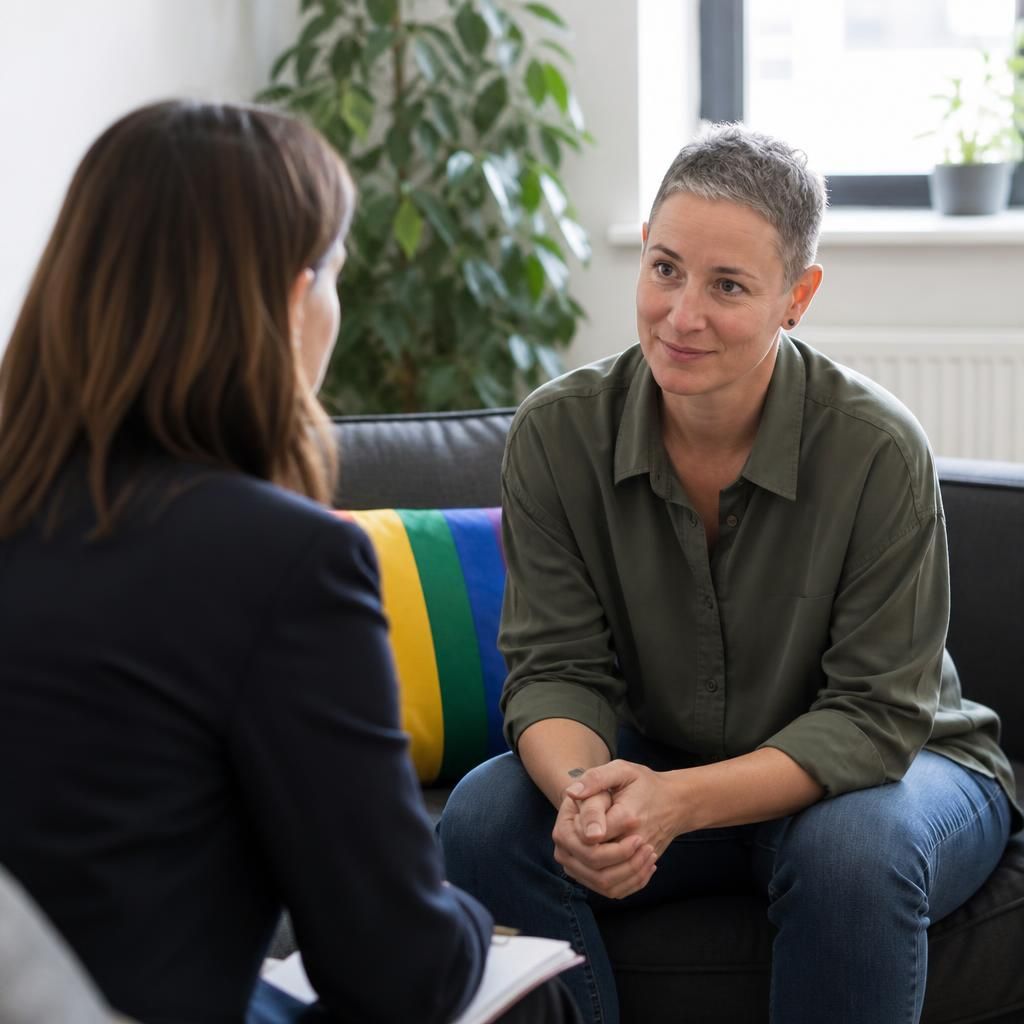 LGBTQ+ single parent speaking with a fostering adviser