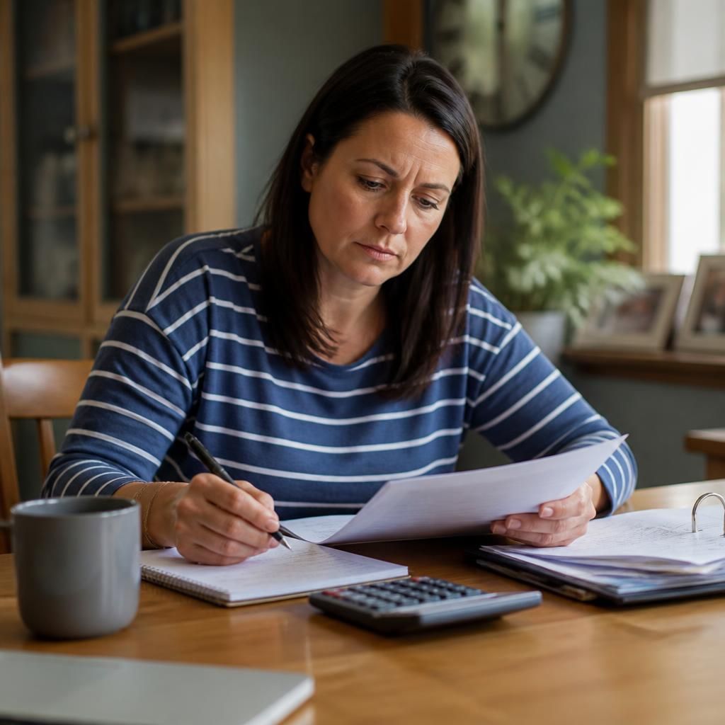 Foster carer reviewing household expenses and fostering paperwork at a table
