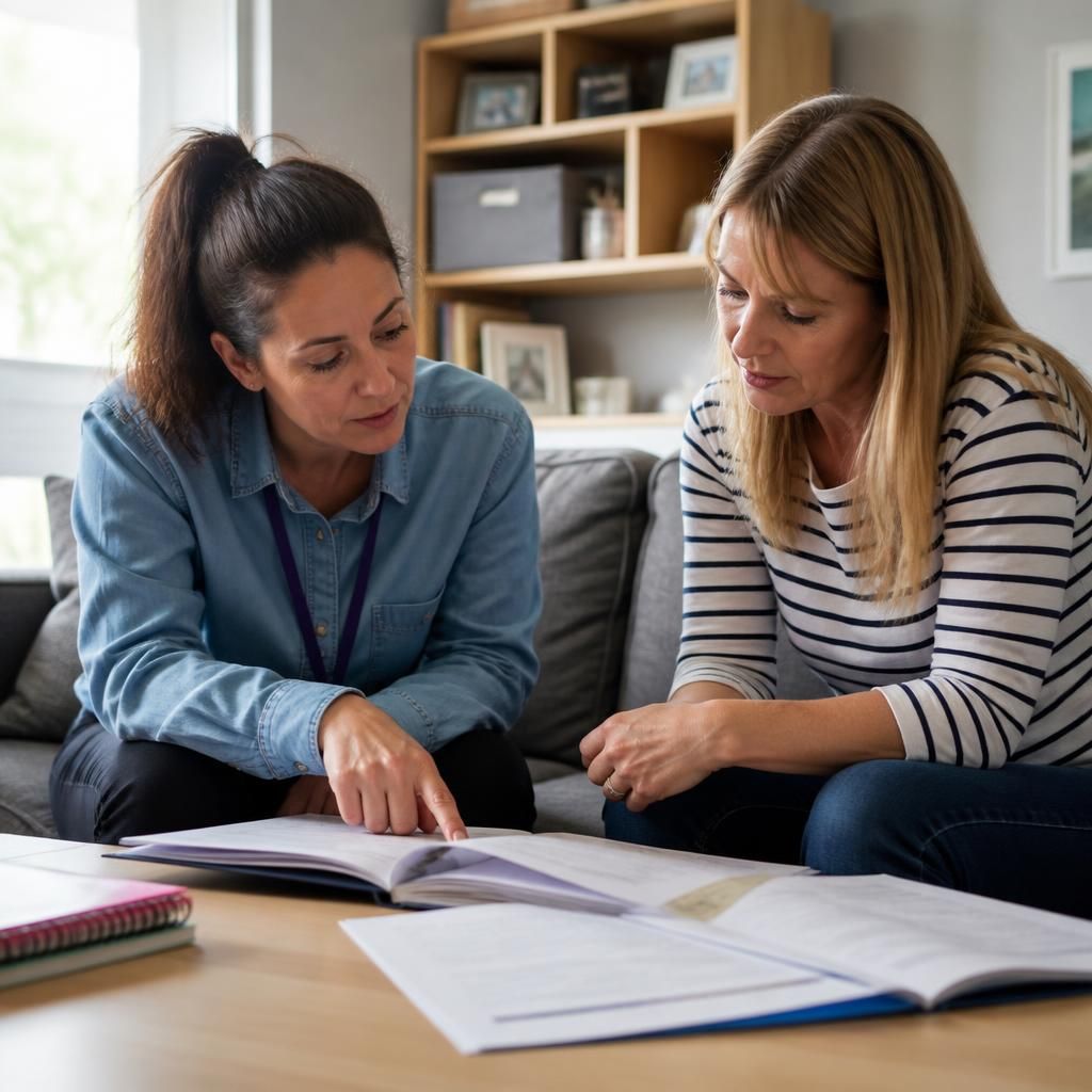 Social worker and foster carer reviewing a child’s placement information together