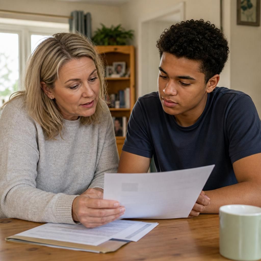 Former foster carer and young adult reviewing a written staying put agreement