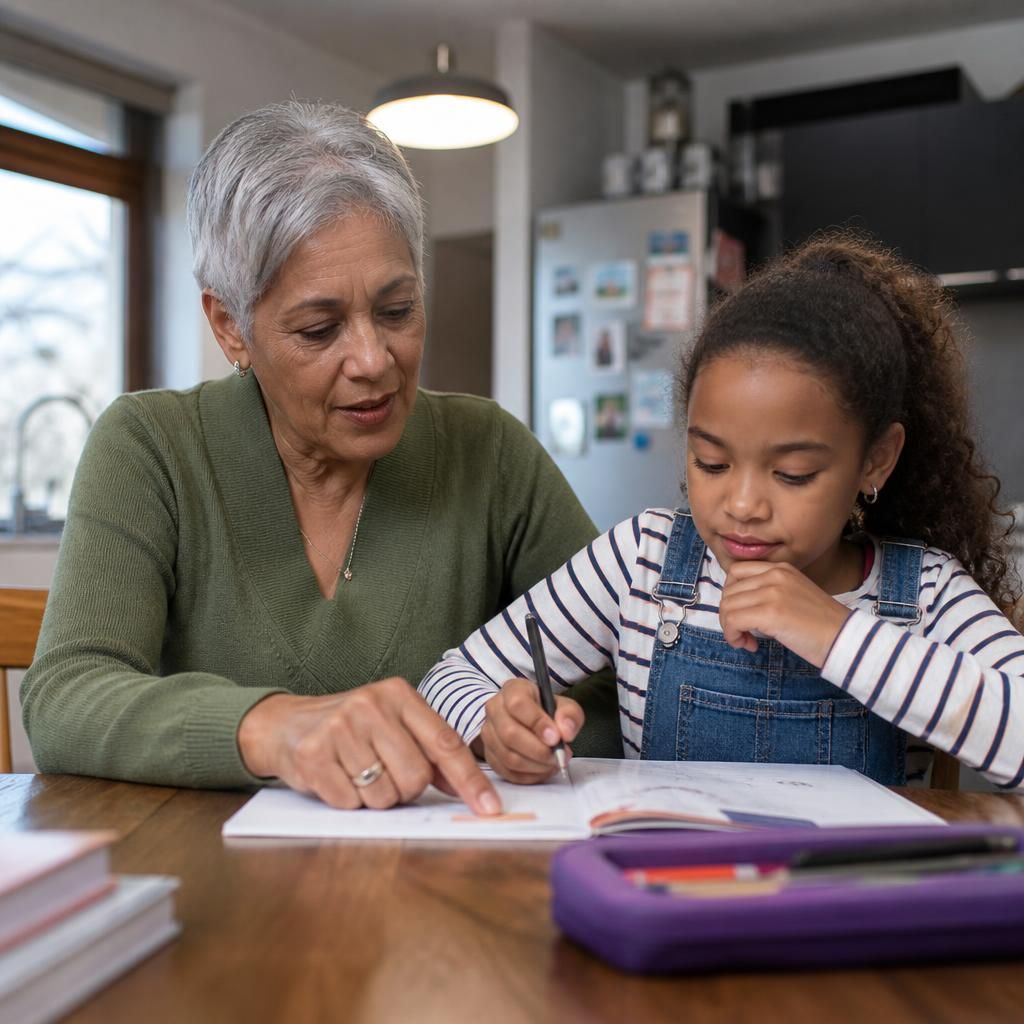 Kinship carer supporting a child with schoolwork at home