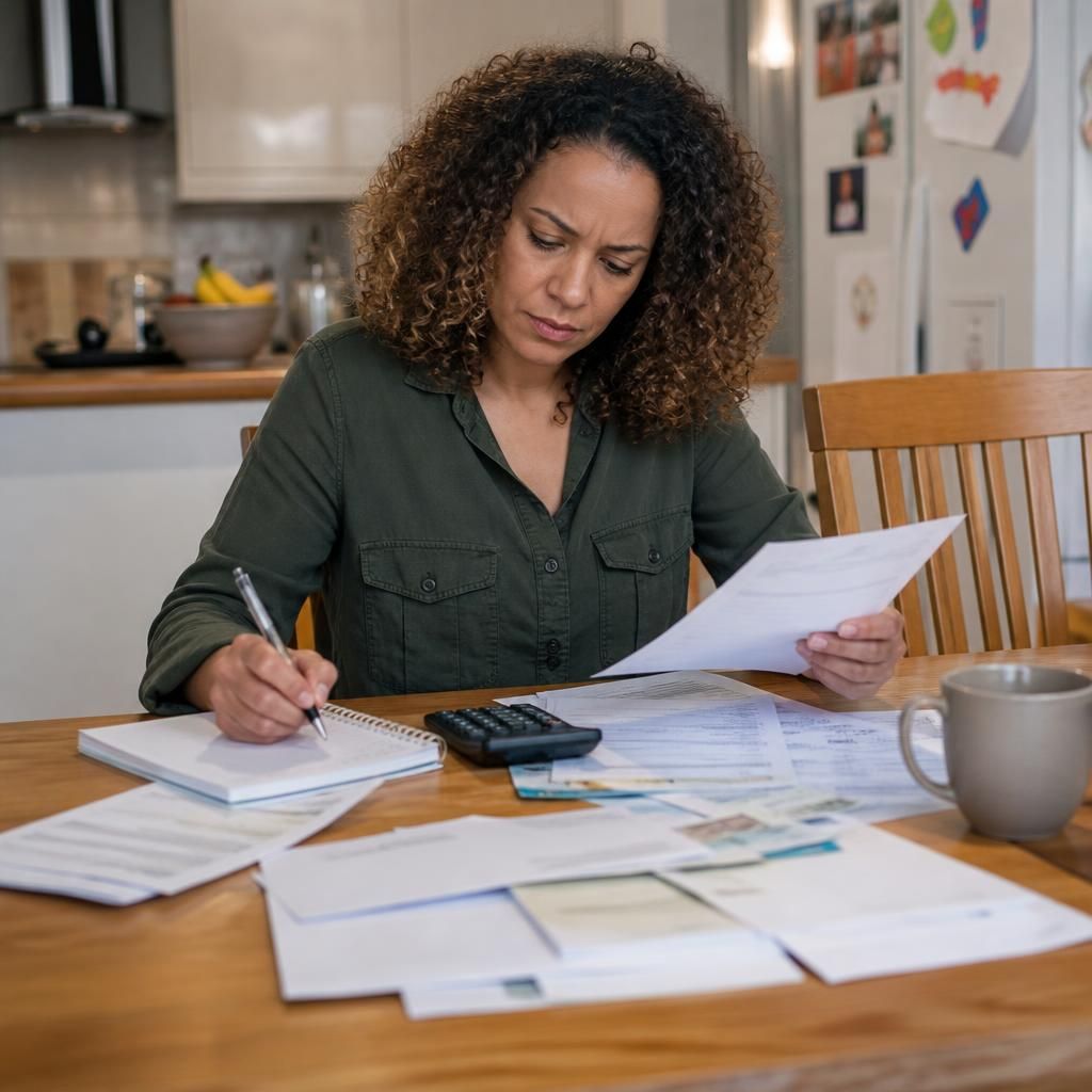 Foster carer reviewing household expenses and grant paperwork at a table