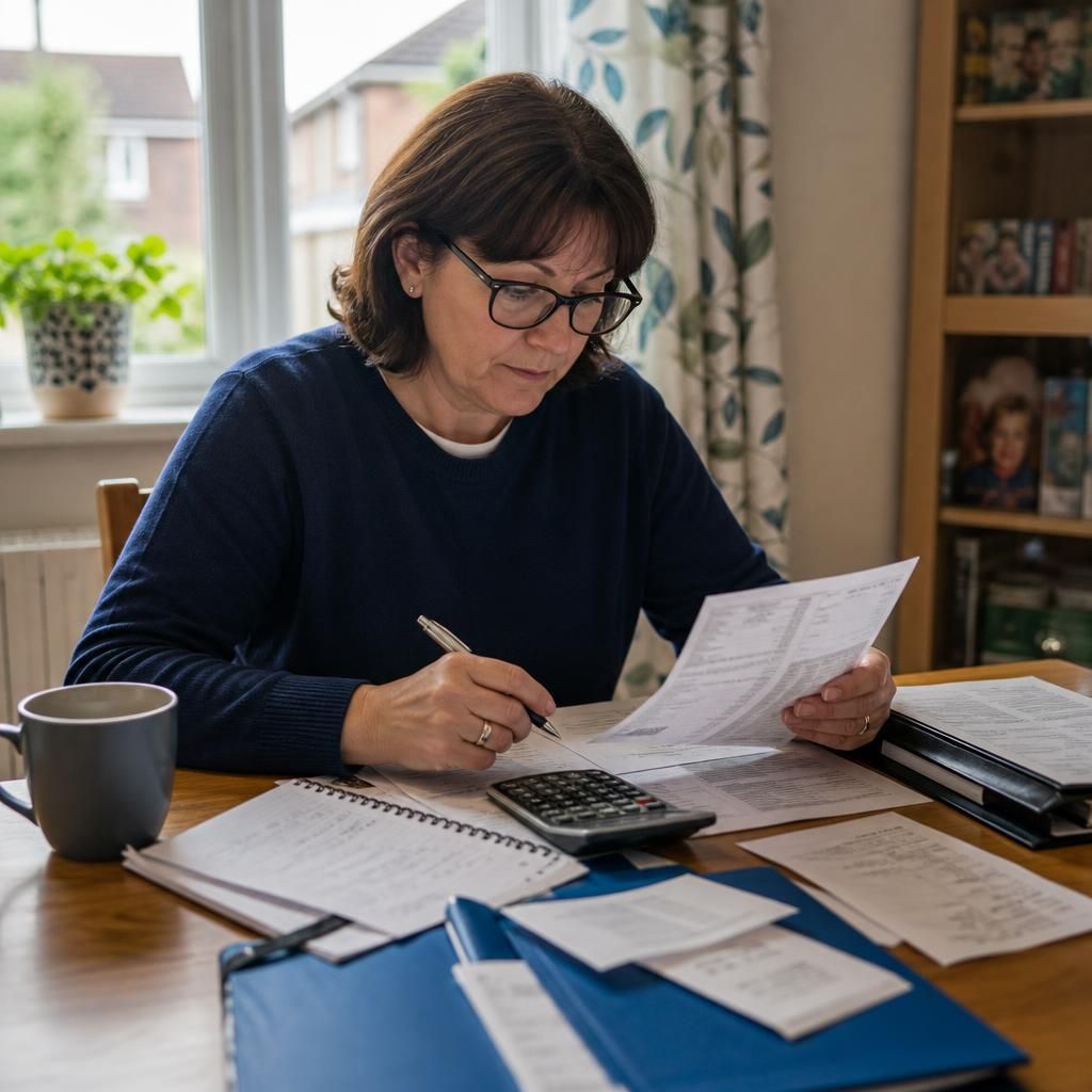 Kinship foster carer reviewing household finances and fostering paperwork