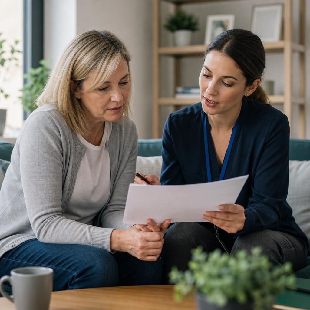 Foster carer and social worker reviewing a written placement funding agreement