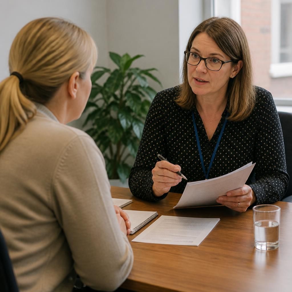 Foster carer speaking with a complaints officer during a formal review meeting