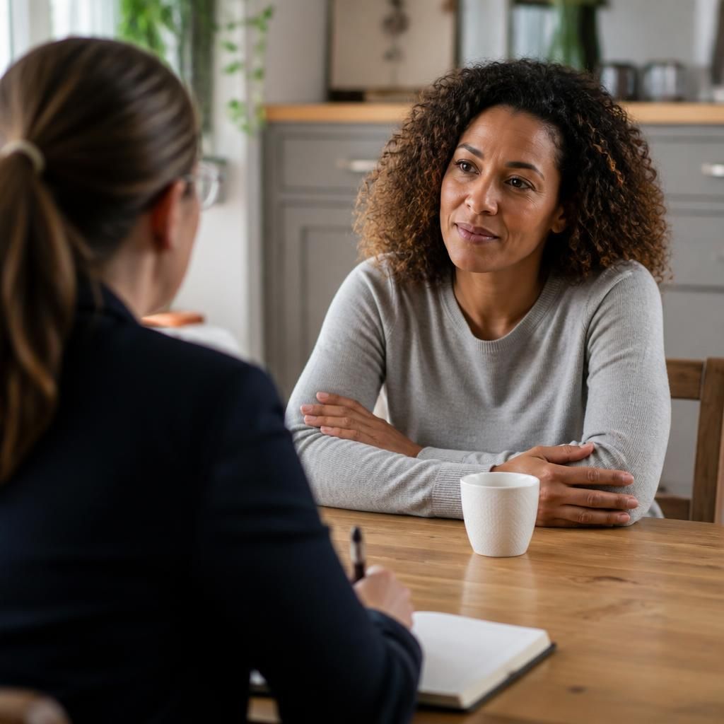 Foster carer speaking with a social worker at a table