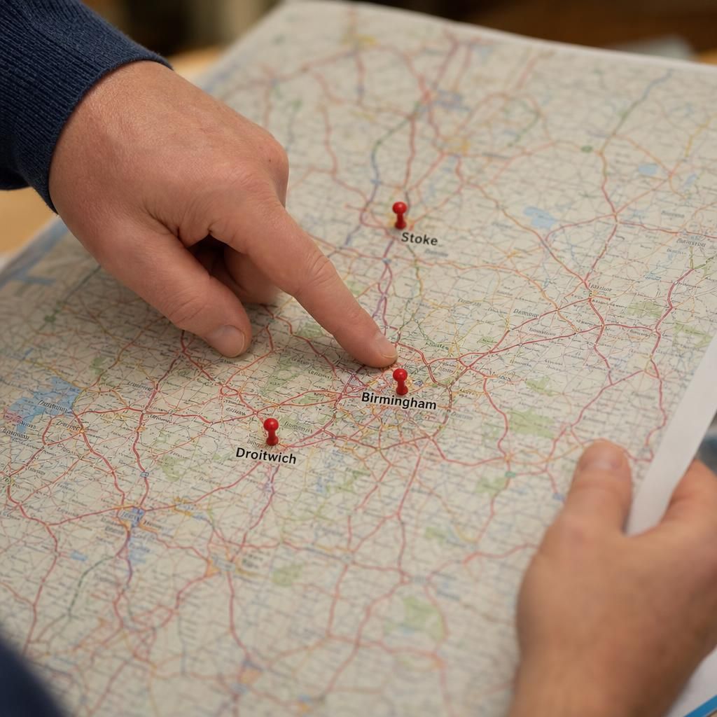 Map highlighting Birmingham, Droitwich, Stoke and surrounding West Midlands areas