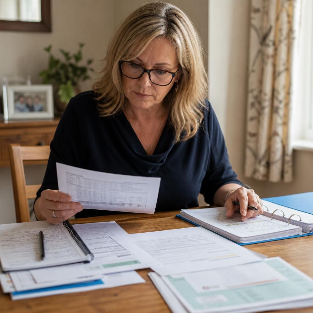 Kinship carer reviewing placement records and payment documents at a table