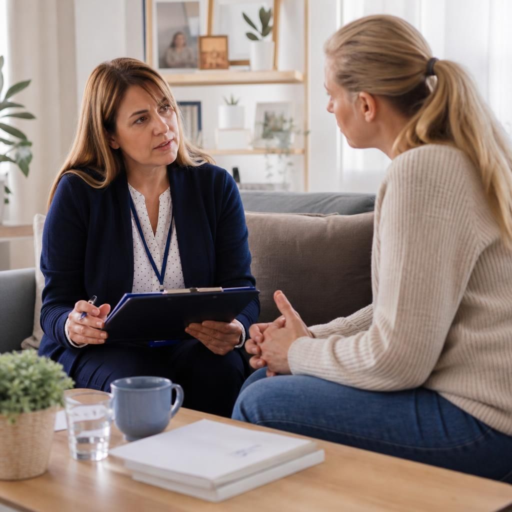 Foster carer speaking with a social worker about temporary care arrangements