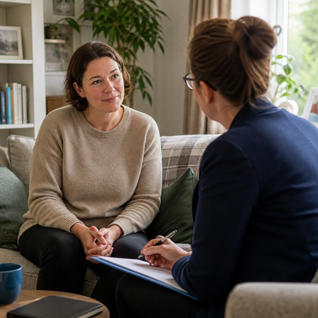 Single foster carer speaking with a social worker at home