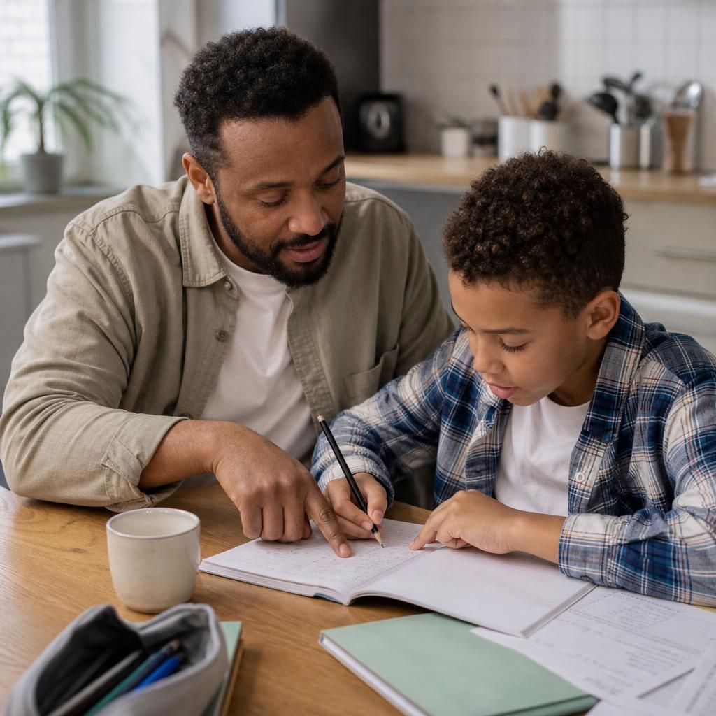 Foster parent helping a child with homework at a kitchen table