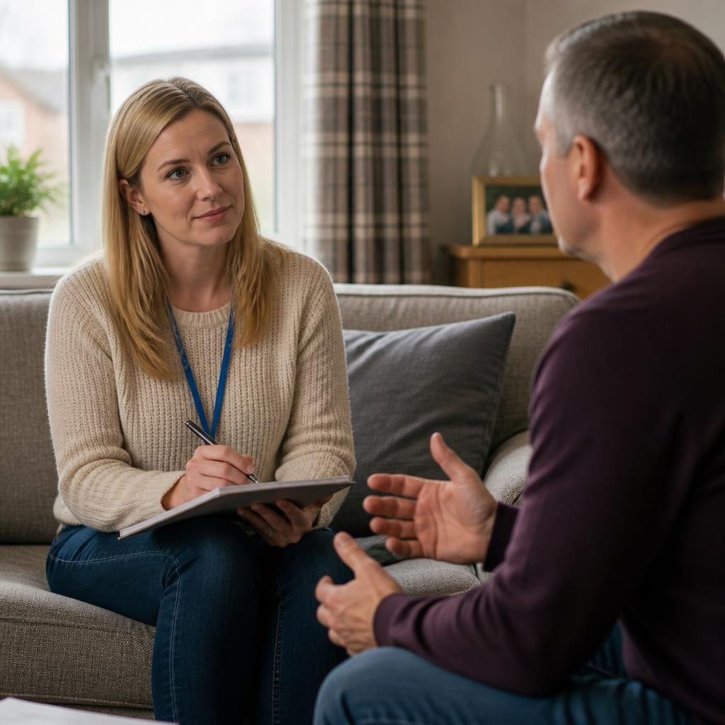 Foster carer speaking with a social worker during a home assessment