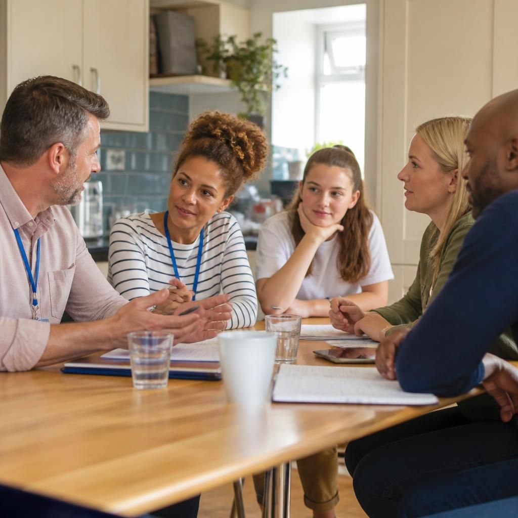 Foster family taking part in a discussion with professionals