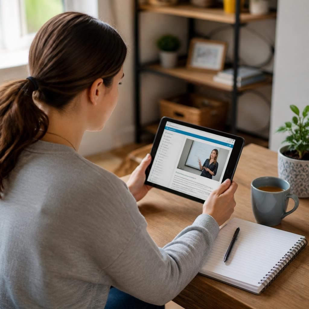 Person completing an online training module on a tablet beside a notebook