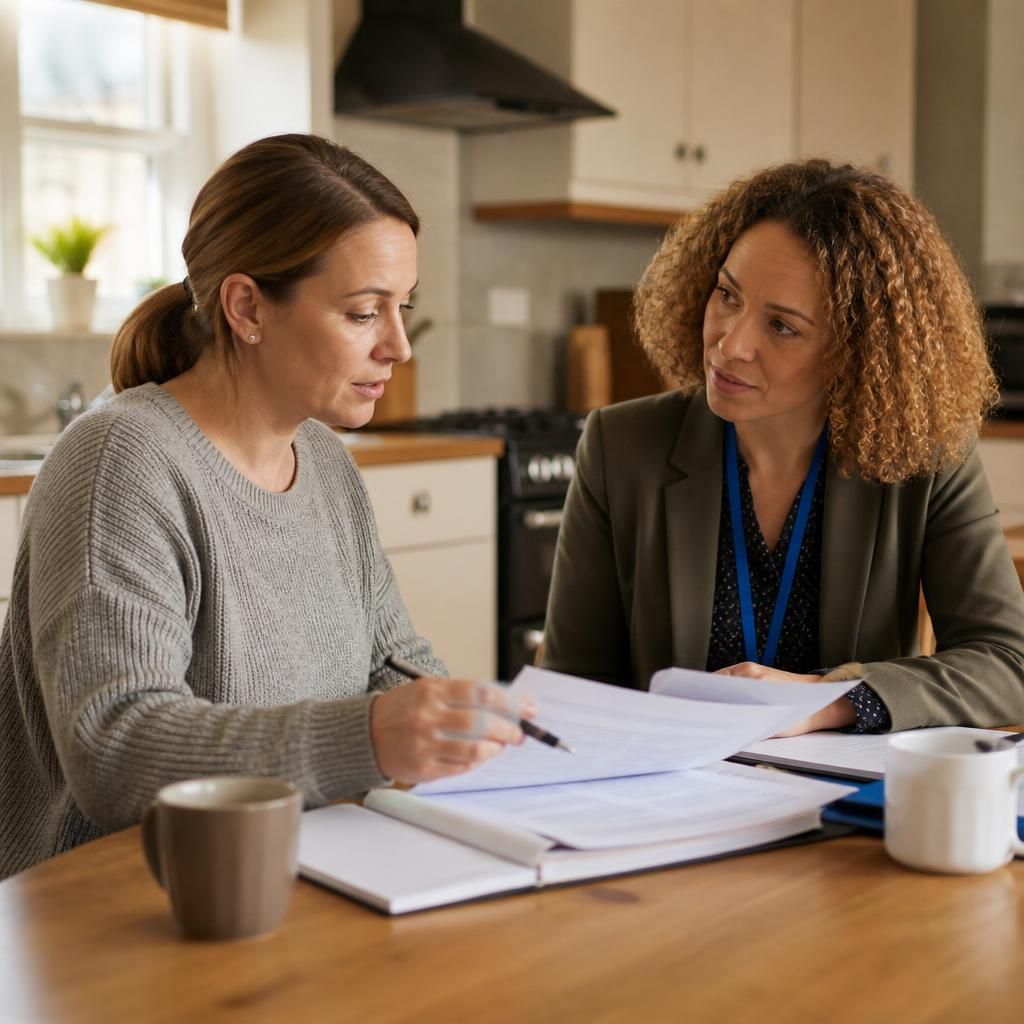 Foster carer reviewing placement notes with a social worker at a kitchen table