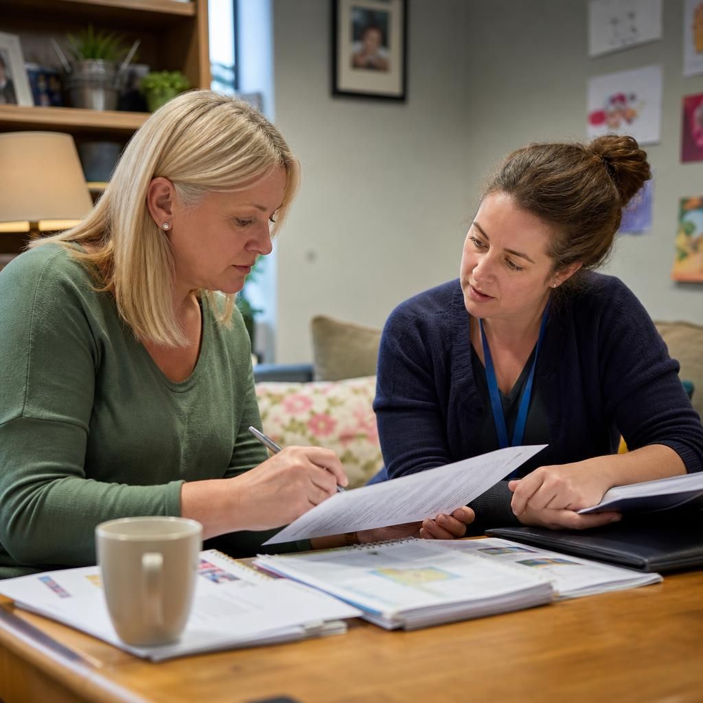 Foster carer reviewing a child's care plan and notes with a supervising social worker
