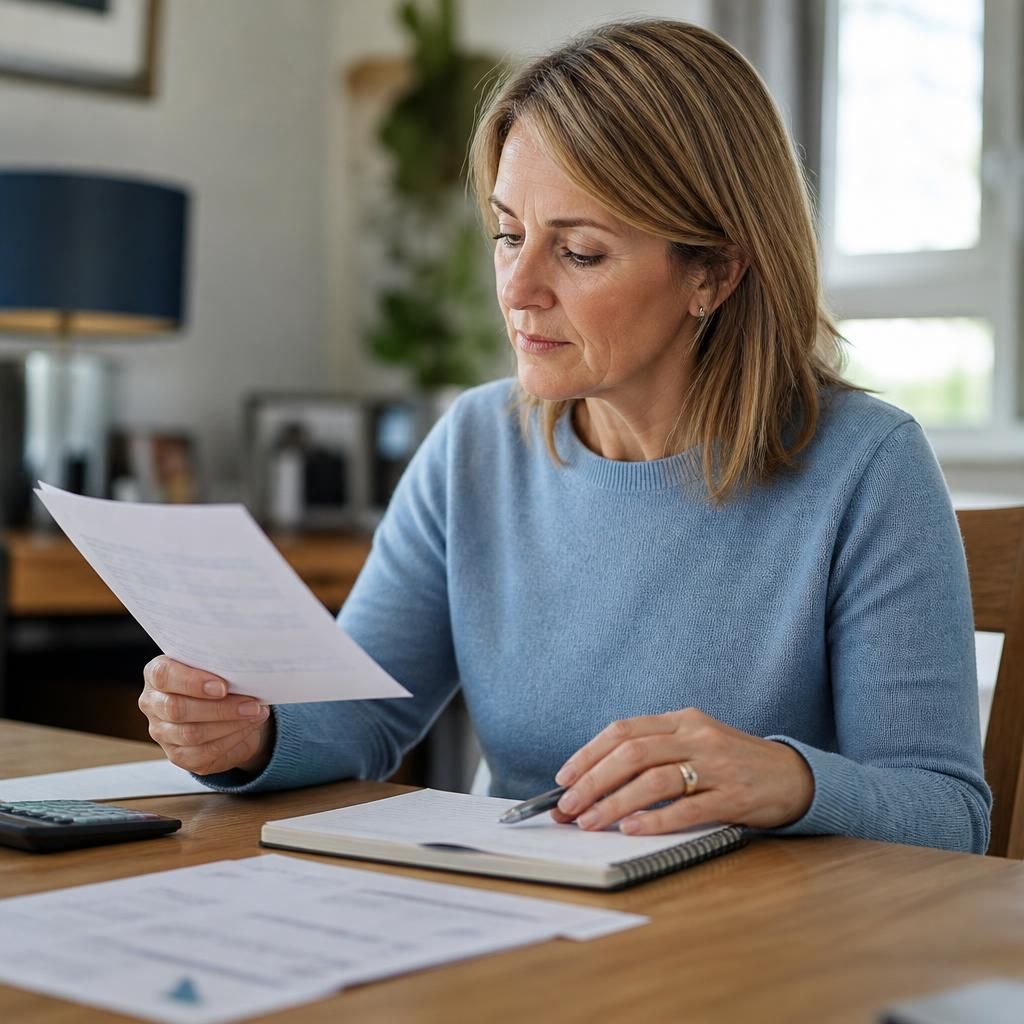 Person reviewing pension documents and retirement planning notes at a desk