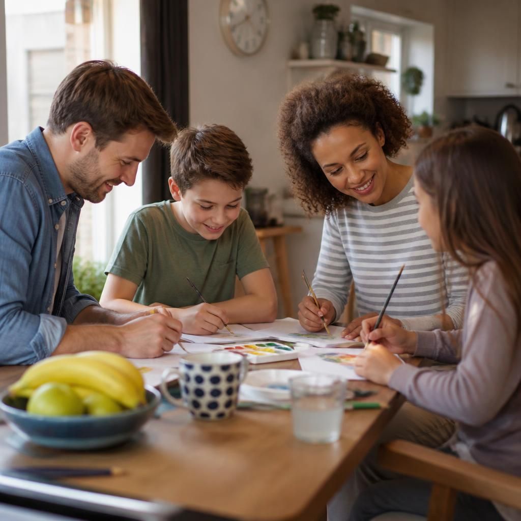 Family sharing an activity around a table