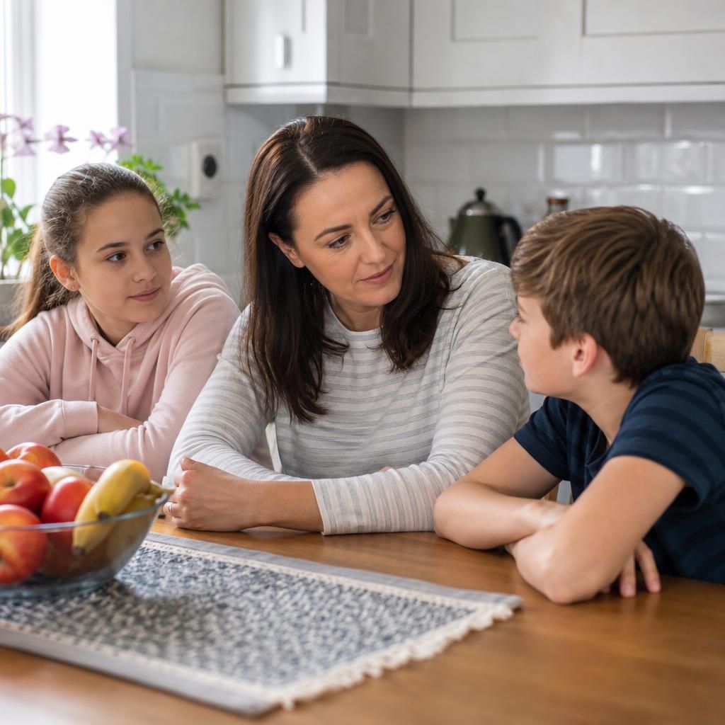 Foster carer talking with birth children at the kitchen table