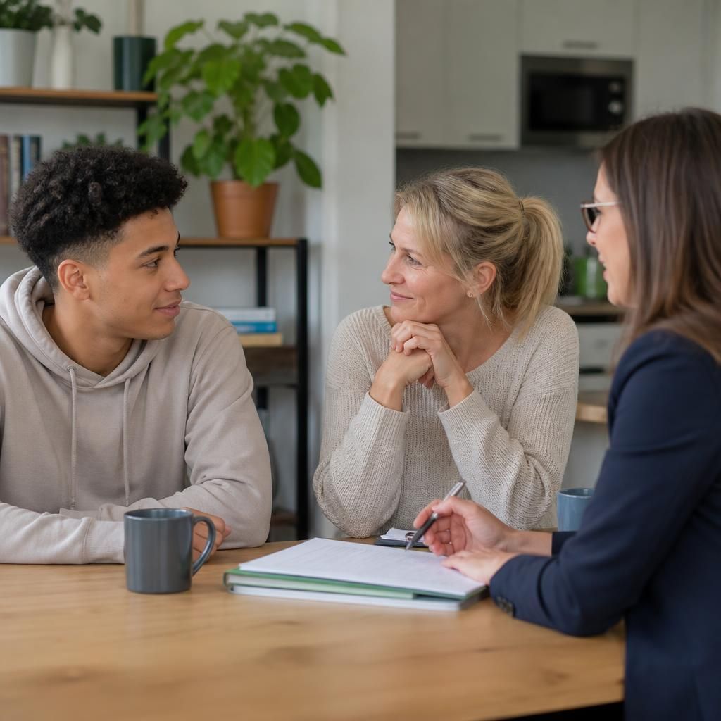 Young adult and foster carer discussing household arrangements with a supervising social worker