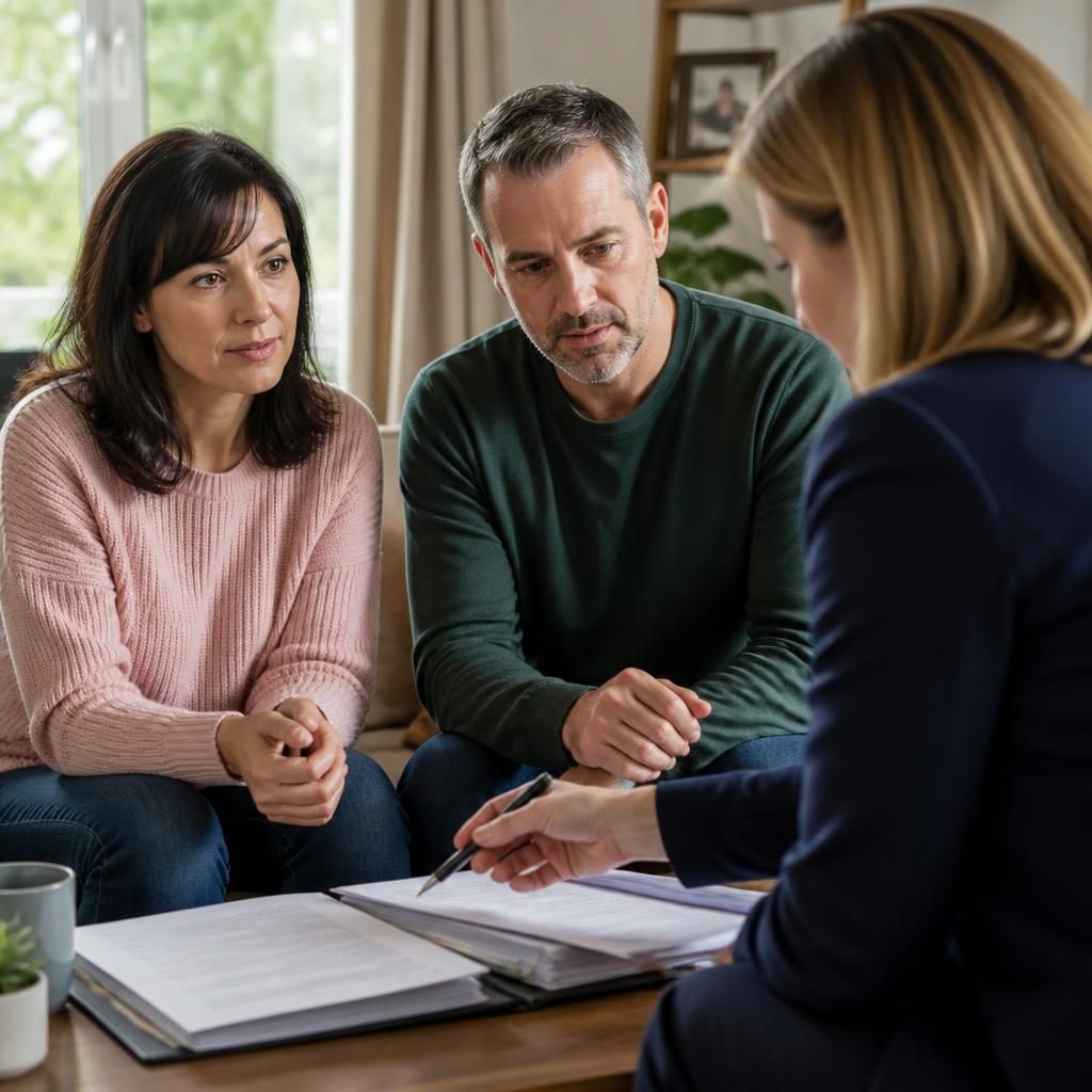 Prospective foster carer discussing paperwork with a social worker at home