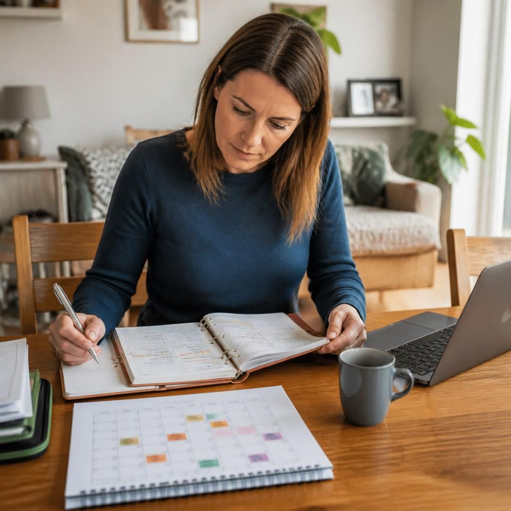 Foster carer reviewing a work diary and school timetable at home