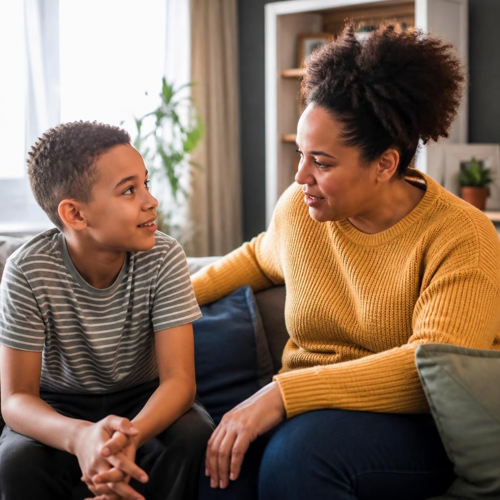 Foster carer and child talking together at home