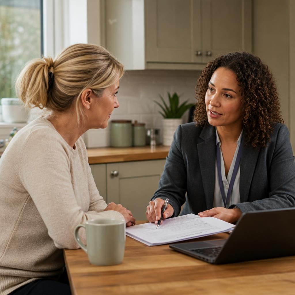 Kinship carer and social worker discussing fostering paperwork at a table