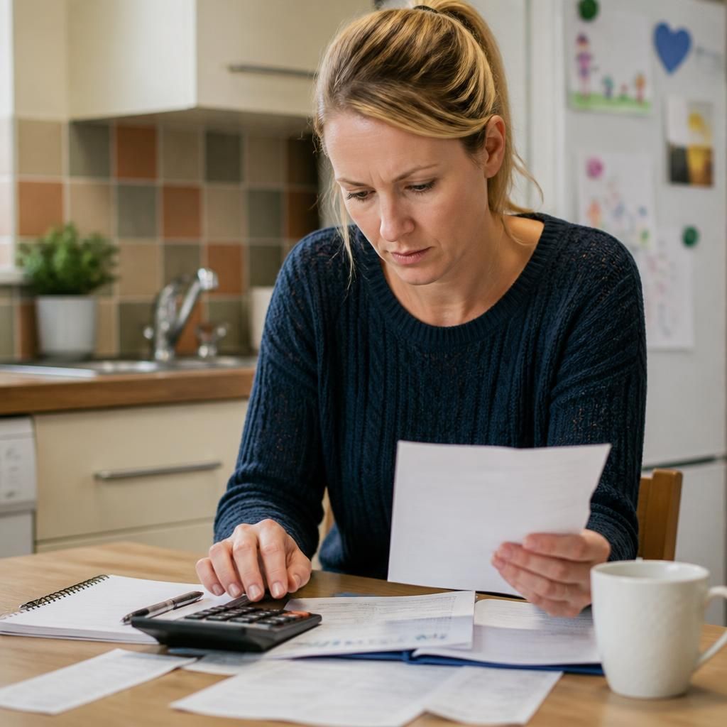 Foster carer reviewing household finances and placement expenses at a kitchen table
