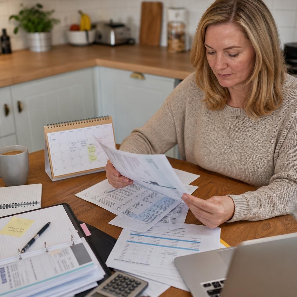 Family paperwork organised beside a calendar and household documents
