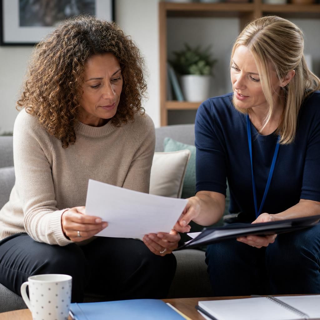 Foster carer reviewing transfer documents with a social worker