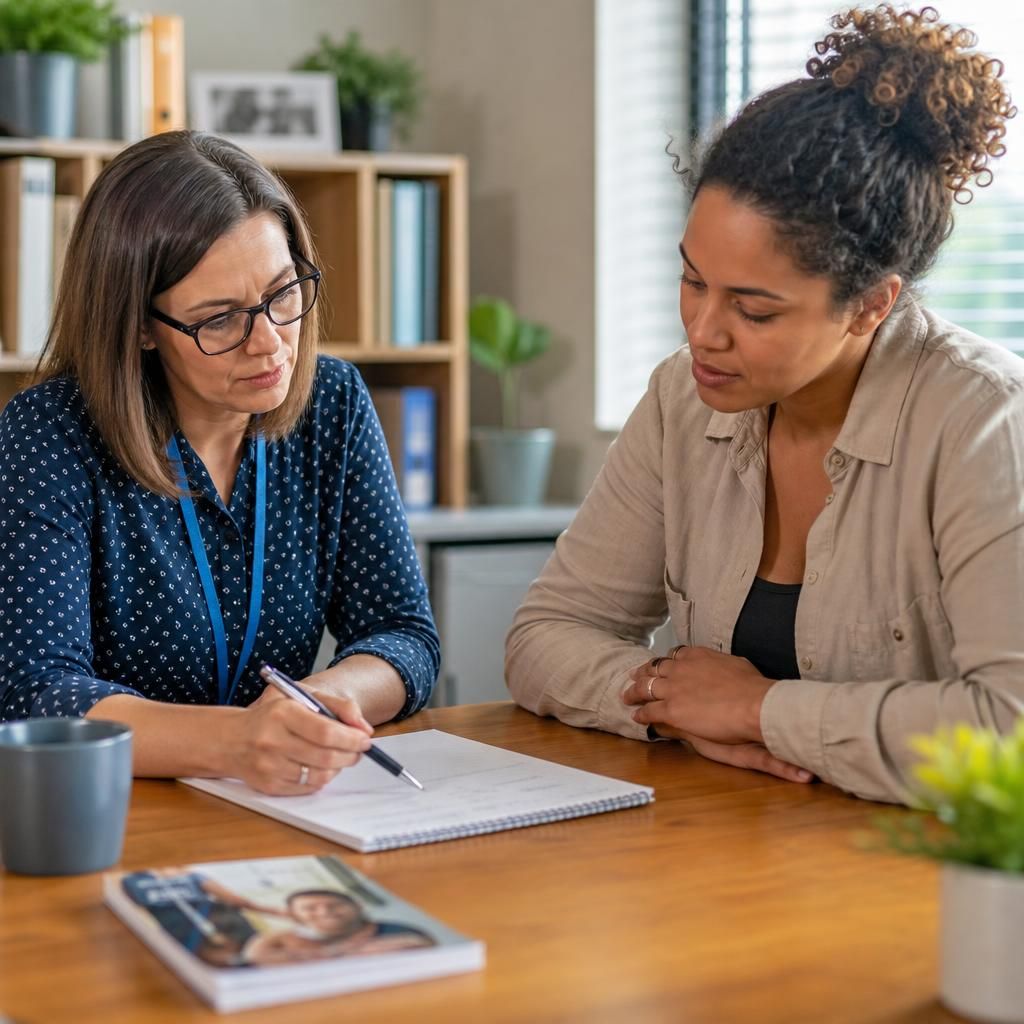 Foster carer reviewing notes with a support professional