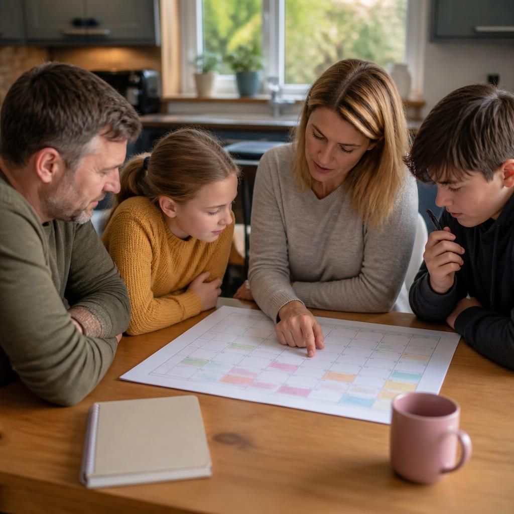 Family reviewing a weekly calendar and household plans at a kitchen table