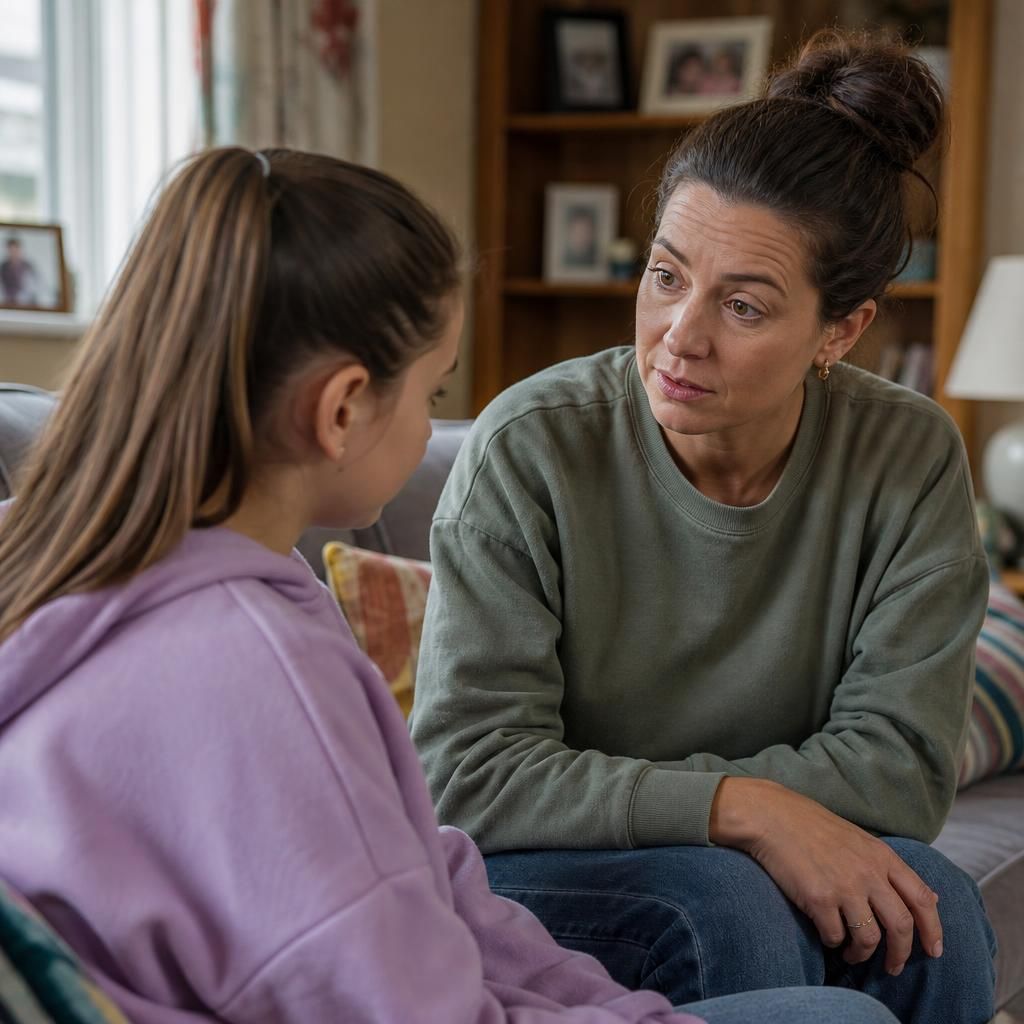 Foster carer talking with a child at home