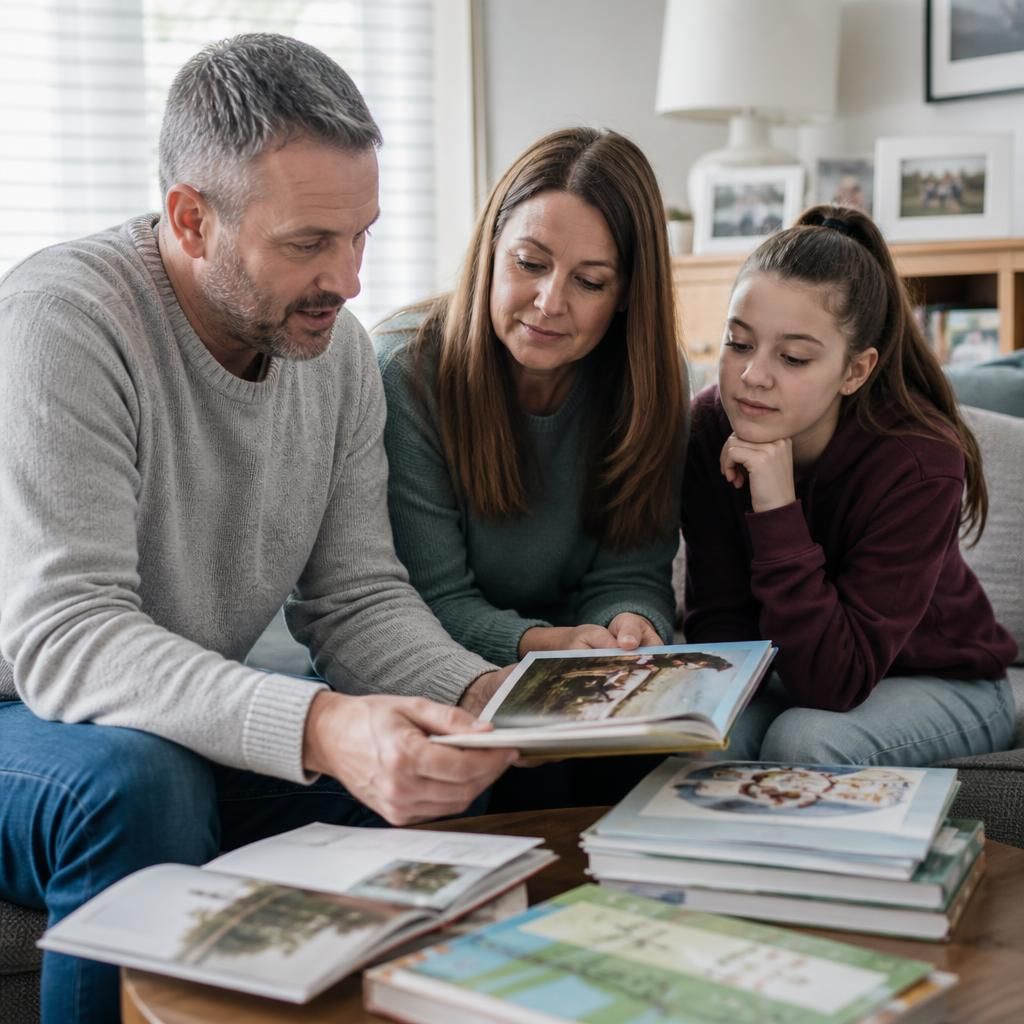 Family looking at books and resources about children’s experiences