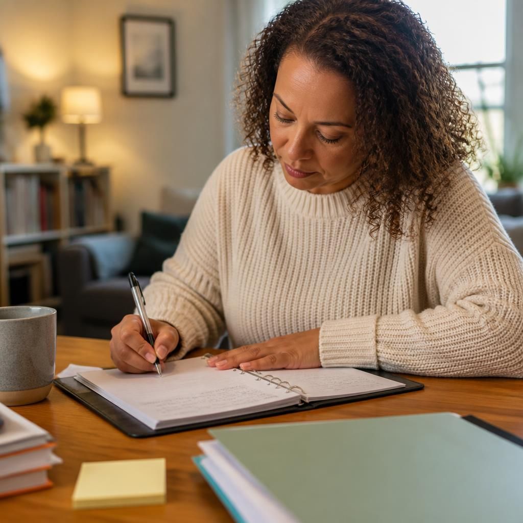 Foster carer writing notes in a confidential care record at home