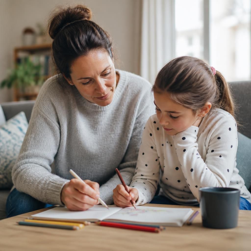 Foster carer and child sharing a quiet activity at home