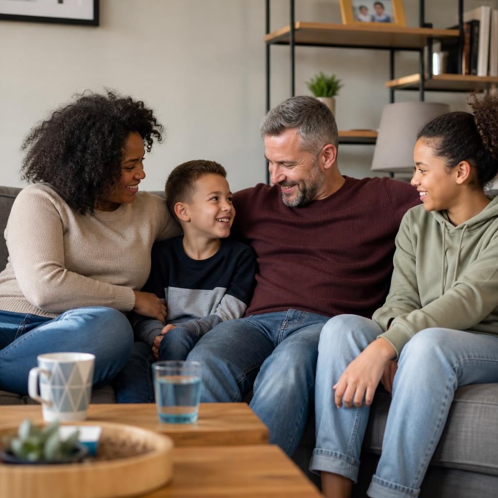 Foster family spending time together at home