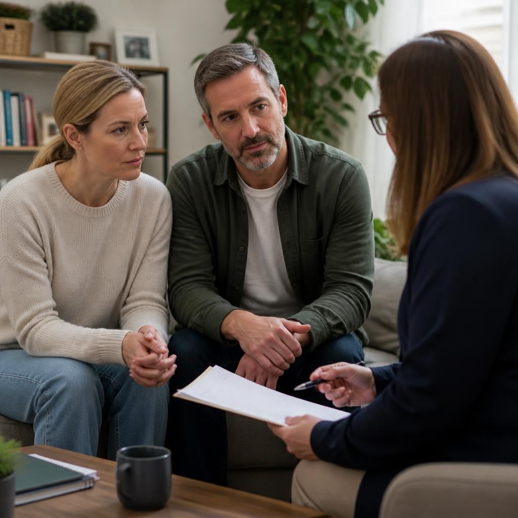 Foster carers discussing placement information with a social worker
