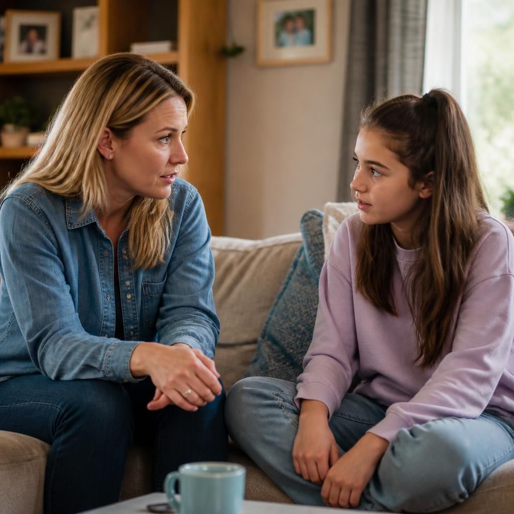Foster carer and child talking together at home