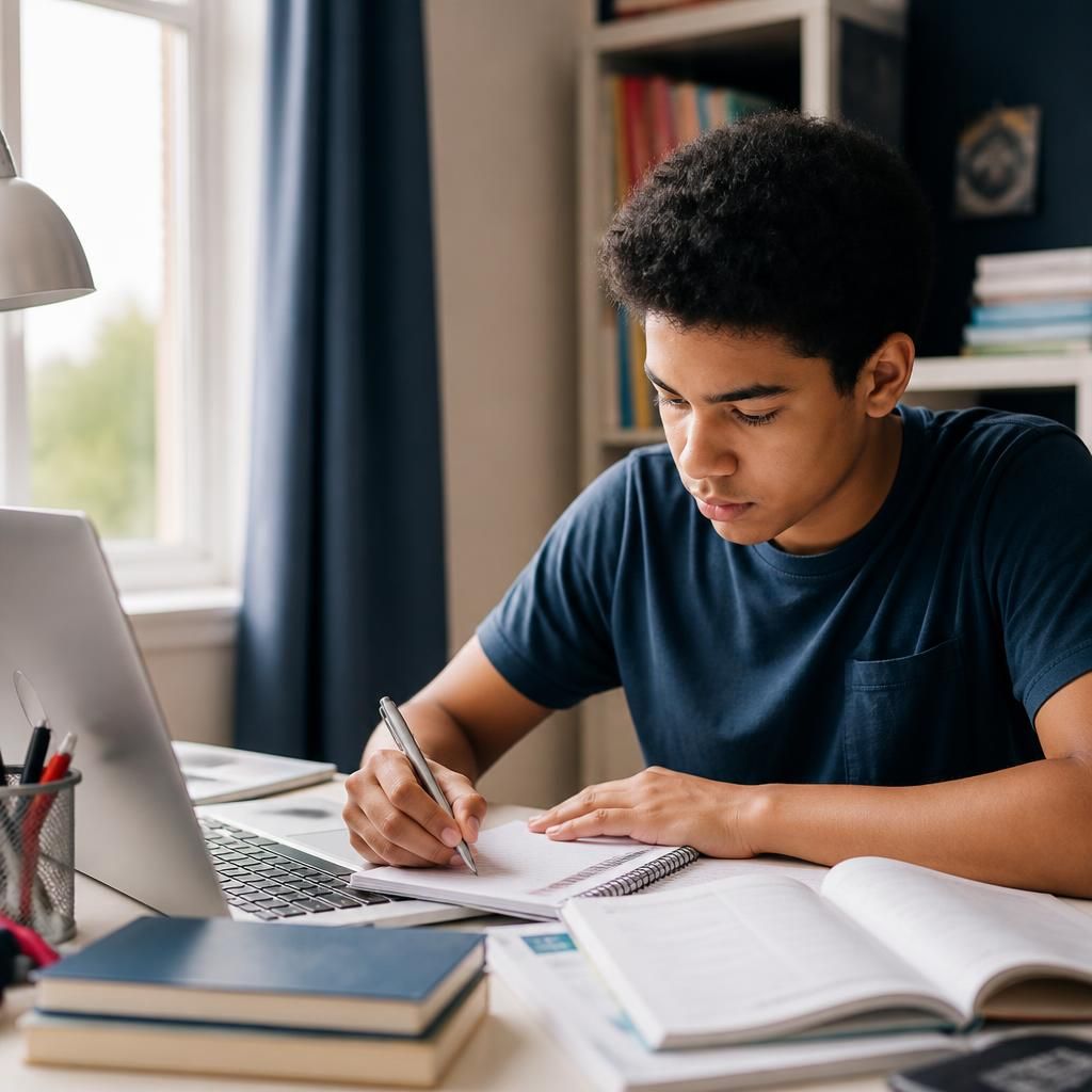 Young person studying at a desk with books and a laptop