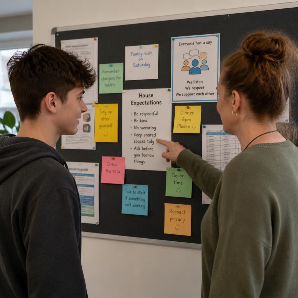 Young person discussing a household noticeboard with a staff member