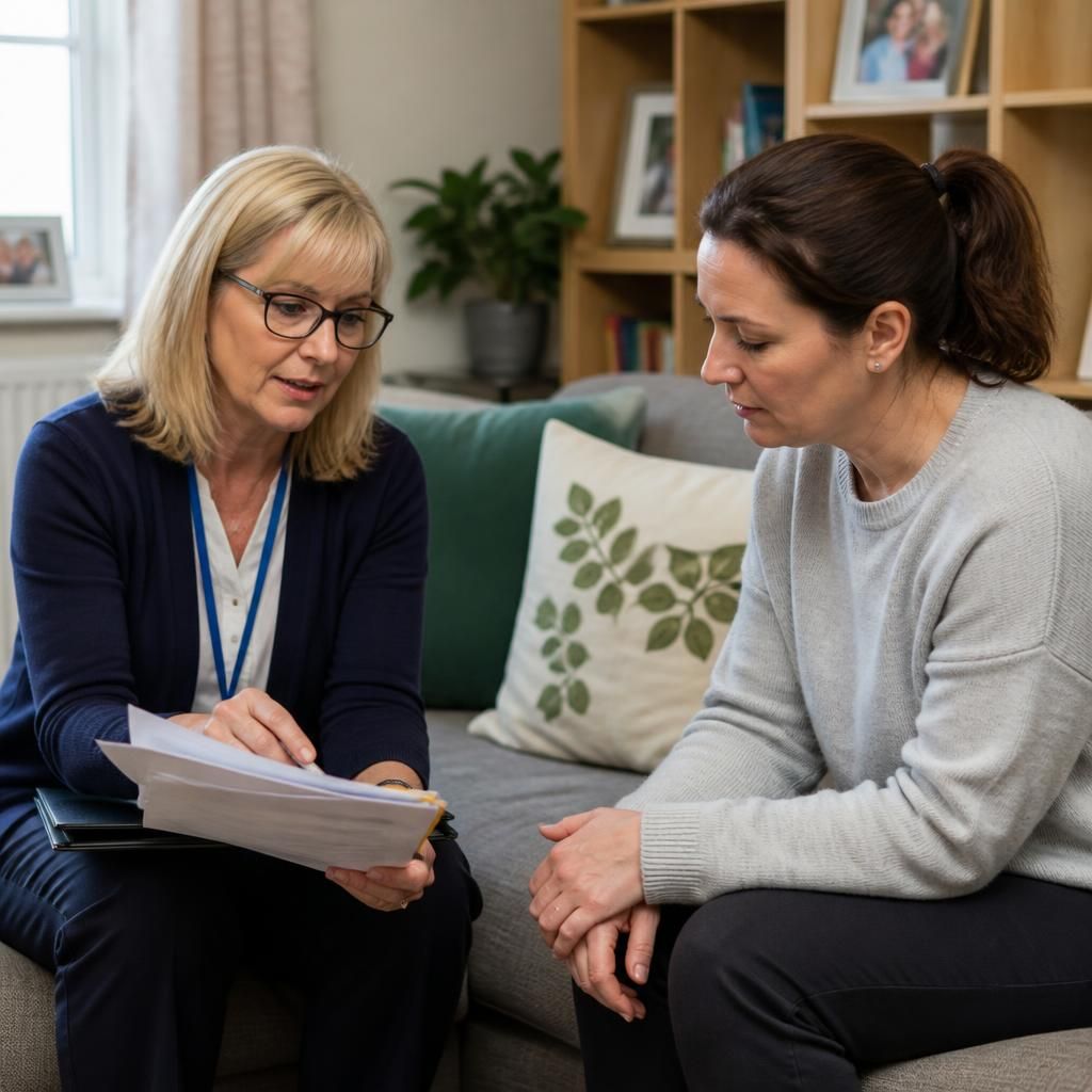 Social worker discussing fostering documents with a prospective foster carer at home